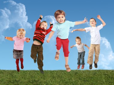 Many jumping children on grass, collage clipart