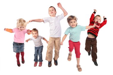 Many jumping children on white clipart