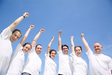Group of friends in white T-shorts have waved upwards hands clipart