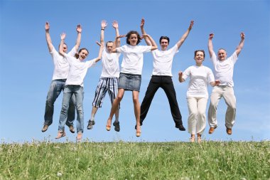 Seven friends in white T-shorts are in a jump clipart