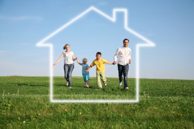 Family of four in dream house clipart