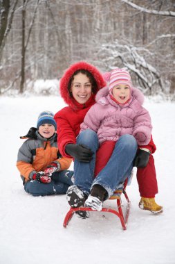 Mother sits on sled with children in park at winter clipart