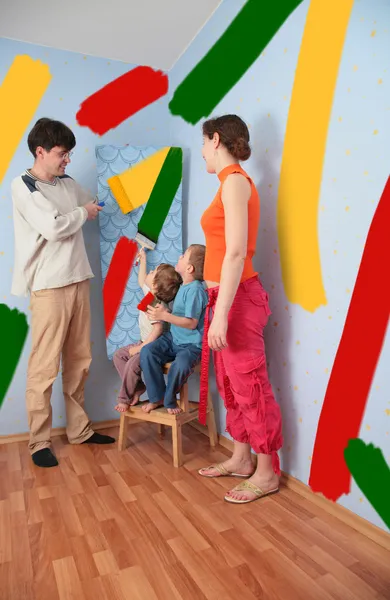 Children help parents to do repair room, collage — Stock Photo, Image