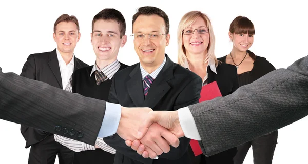Skakar hand med handleder och fem business group collage — Stockfoto