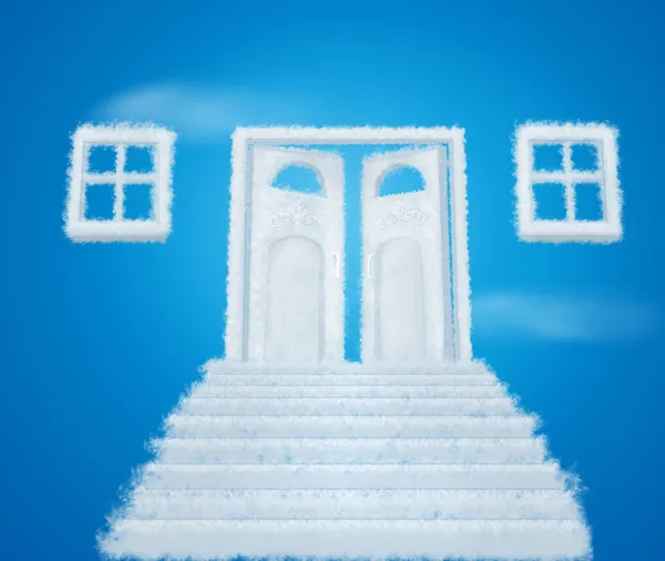 Wolk deur manier en windows collage op blauw — Stockfoto
