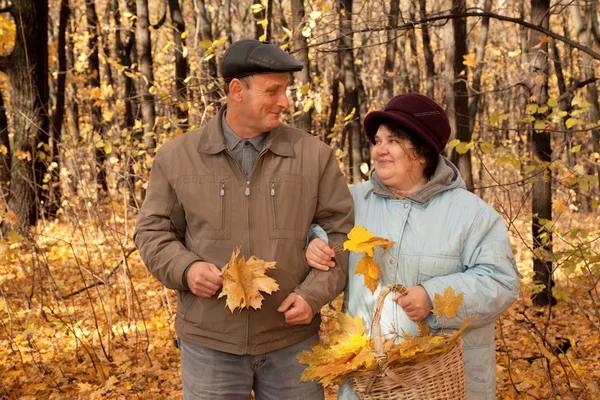 Old man and old woman in autumnal forest — Stock Photo, Image