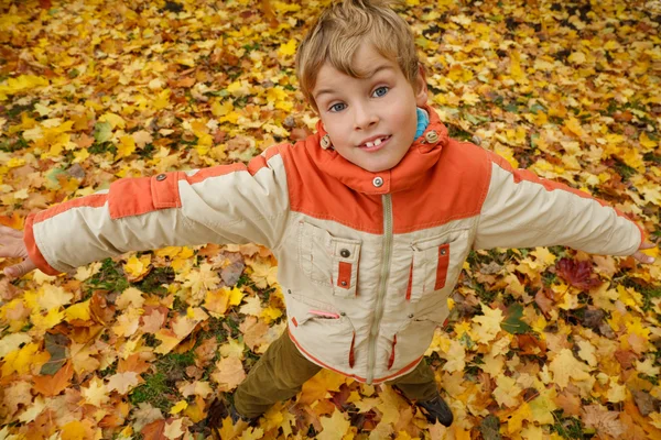 Sonbahar parkındaki çocuk. — Stok fotoğraf
