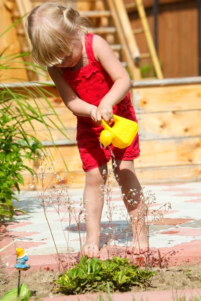 Девушка поливает цветы из банки для полива игрушек — стоковое фото