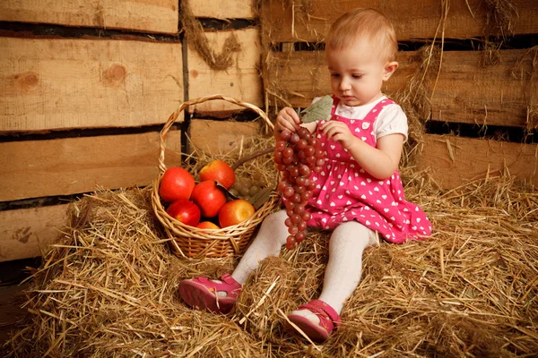 Das kleine Mädchen auf Stroh mit einem Korb — Stockfoto