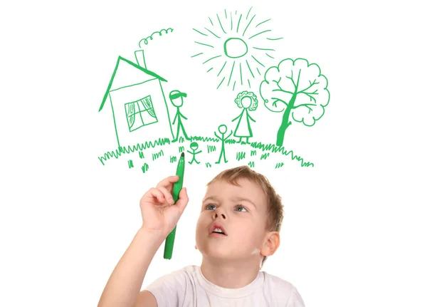 Menino desenhando sua família por caneta de feltro-ponta, colagem — Fotografia de Stock