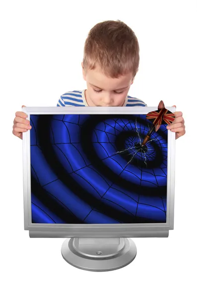 Chłopiec z pęknięty monitor do którego padł dart, kolaż — Zdjęcie stockowe