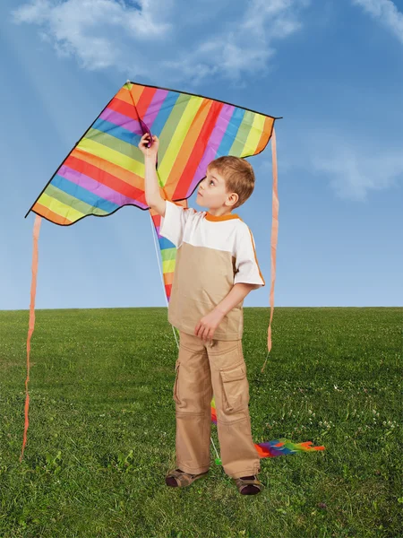 Ребенок на траве с воздушным змеем, коллаж — стоковое фото