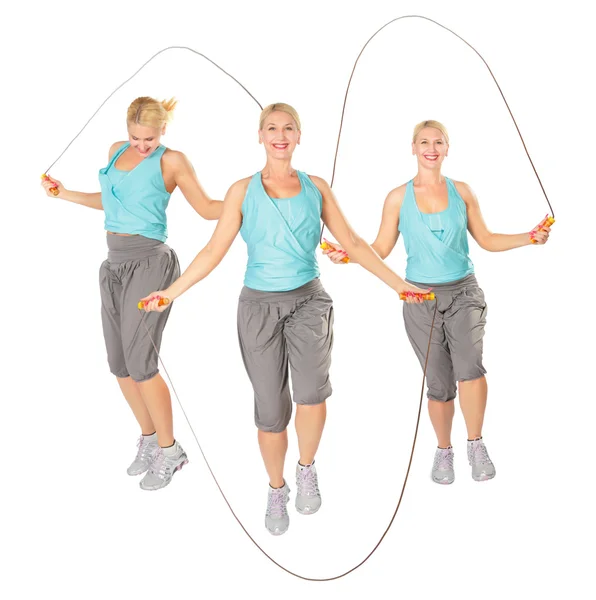 Three women with a skipping rope, collage — Stock Photo, Image