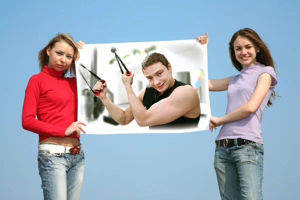 Girls with card with man, collage — Stock Photo, Image