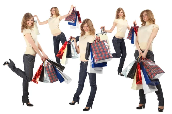 Muitas loiras felizes com sacos de papel corpo inteiro, colagem — Fotografia de Stock