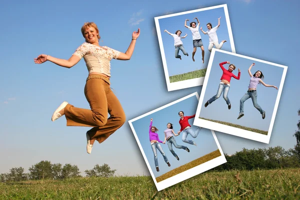 Gelukkig meisje springt op gras en foto's van jumpimg meisjes, collage — Stockfoto