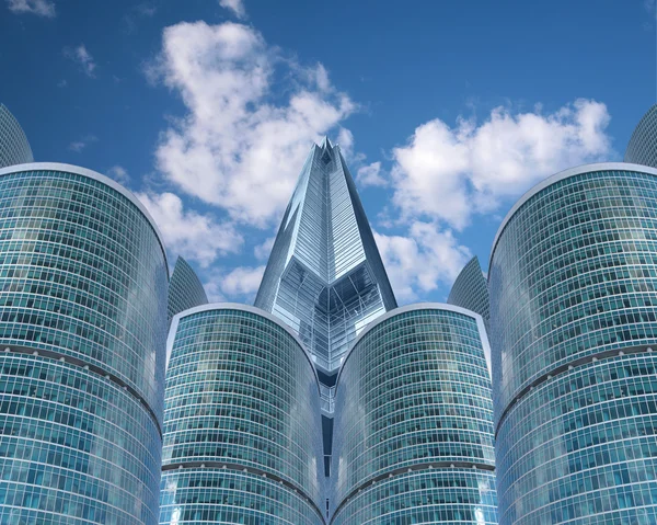 Sok felhőkarcoló a háttérégbolt, kollázs — Stock Fotó