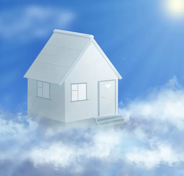 Casa de sonho e nuvem com colagem de sol — Fotografia de Stock