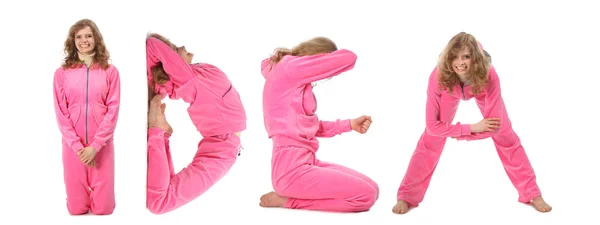 Menina em roupas rosa fazendo palavra IDEA, colagem — Fotografia de Stock