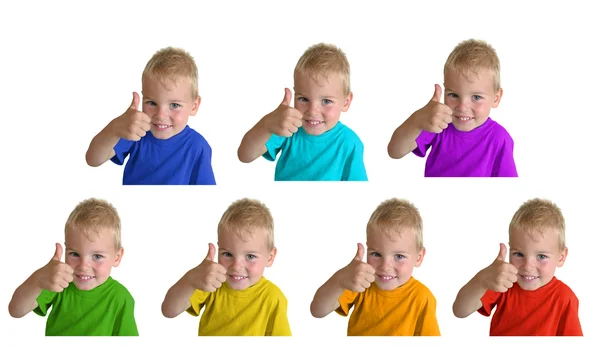 Boys in iridescent sports shirts show gesture ok, collage — Stock Photo, Image
