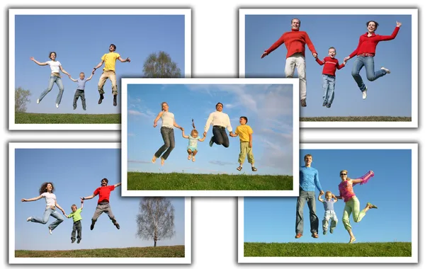 Viele Fotos mit springenden Familien, Collage — Stockfoto
