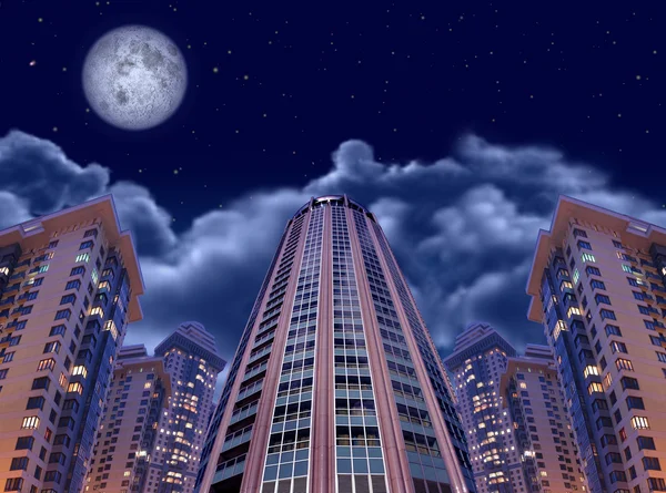 Stavby noční obloha a měsíc, koláž — Stock fotografie
