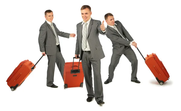Три бизнесмена с багажом на белом фоне, коллаж — стоковое фото