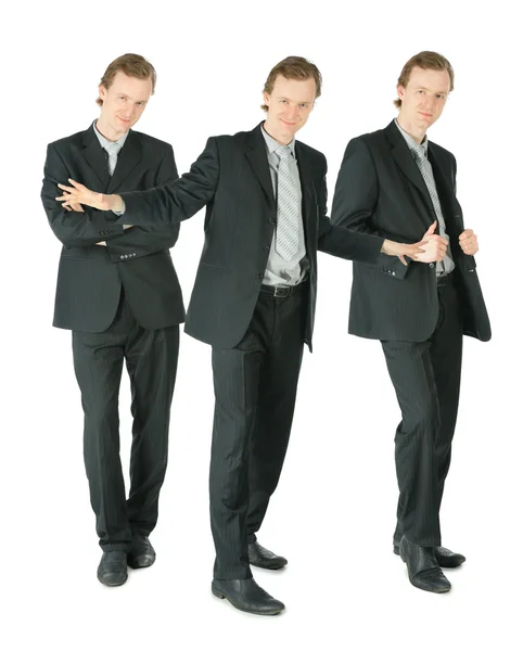 Trois hommes d'affaires en costume debout sur fond blanc, collage — Photo