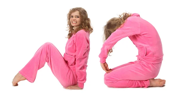 単語を作るピンクの服の女の子、コラージュ — ストック写真