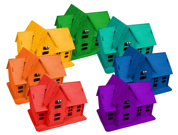Модель домов в цветах радуги, коллаж — стоковое фото