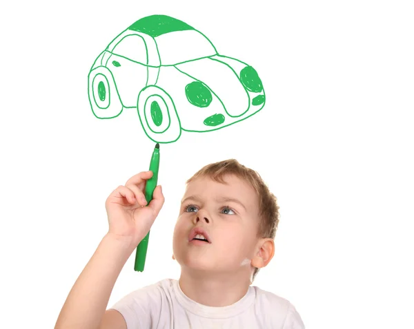 Ребенок рисует свою машину, коллаж — стоковое фото