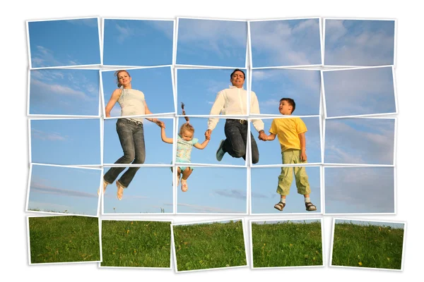 Jumping family on grass, collage — Stock Photo, Image