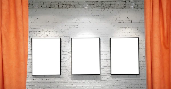 Tres marcos en la pared de ladrillo y cortinas collage —  Fotos de Stock