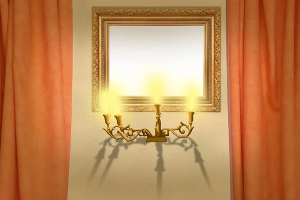 Moldura na parede com cortinas — Fotografia de Stock