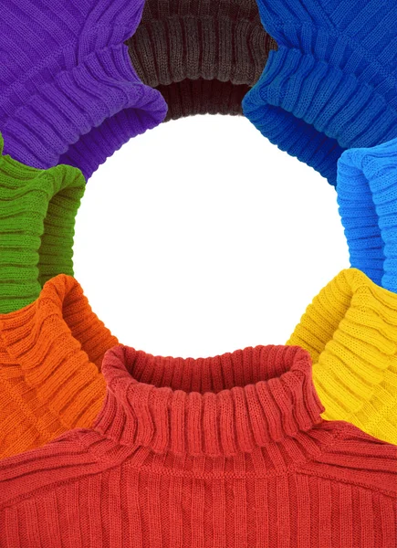 Kulatý rám multi barevná duha svetry koláž — Stock fotografie