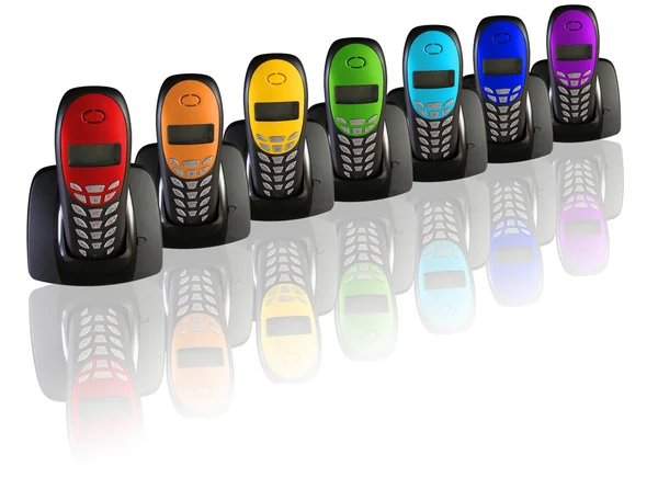 Muitos telefones na cor do arco-íris, colagem — Fotografia de Stock
