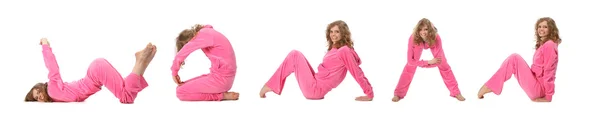 単語の女性、コラージュを作るピンクの服の女の子 — ストック写真
