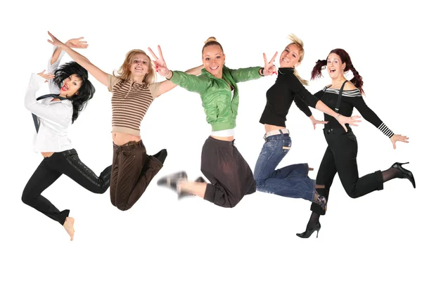 stock image Many jumping girls on white, collage