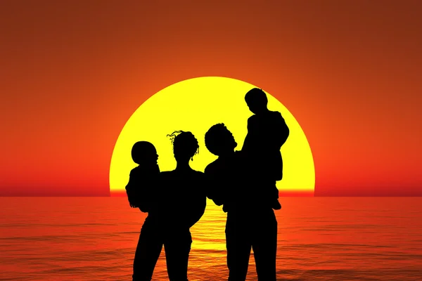 剪影家庭有两个孩子站在日落海滩胶原 — 图库照片