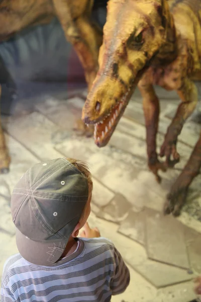 Boy and dinosaur in museum — Stock Photo, Image