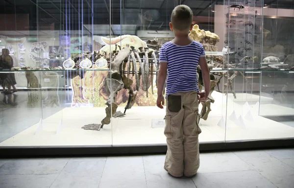 Jongen en dinosaurussen skelet — Stockfoto
