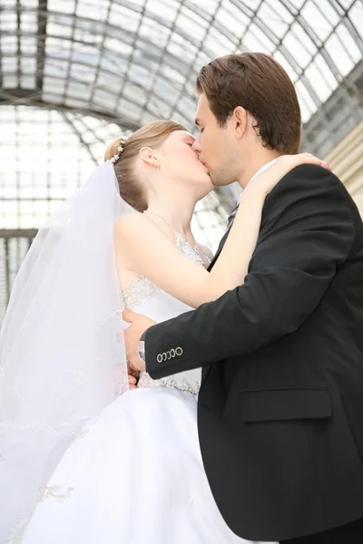 Noivo e noiva beijo — Fotografia de Stock