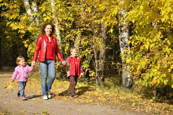 Matka z dziećmi idzie na spacer w parku w jesieni — Zdjęcie stockowe