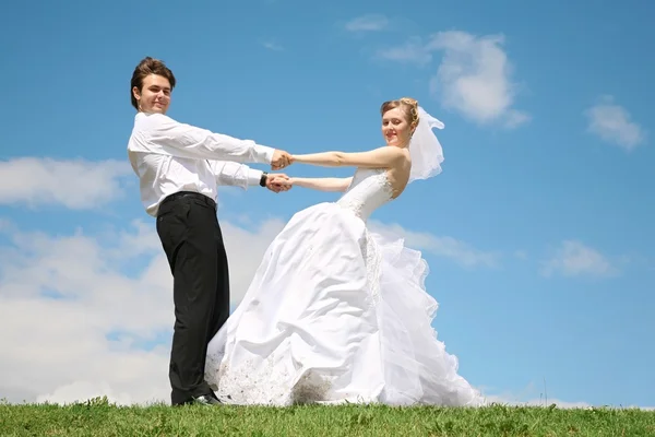 Fiancé avec la mariée ils se tiennent les uns les autres pour les mains sur la prairie 2 — Photo