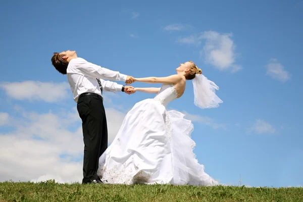 Noivo com a noiva eles seguram um ao outro para as mãos sobre o prado — Fotografia de Stock