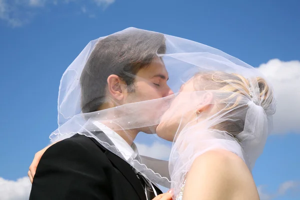 Невеста целуется с женихом на фоне неба — стоковое фото