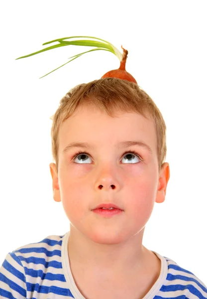 Αγόρι με την λάμπα στο κεφάλι — Φωτογραφία Αρχείου