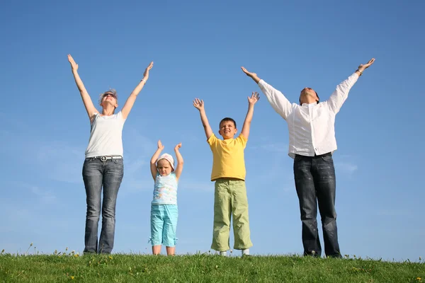 Familia de cuatro en la hierba con las manos arriba — Foto de Stock