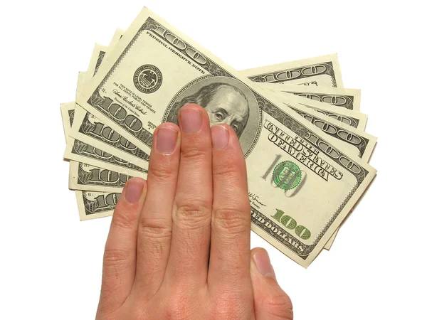 Χέρι και δολάρια που απομονώνονται σε λευκό υπόβαθρο — Φωτογραφία Αρχείου
