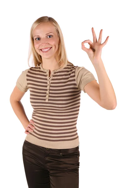 Mooie jonge vrouw geïsoleerd op wit met ok gebaar — Stockfoto